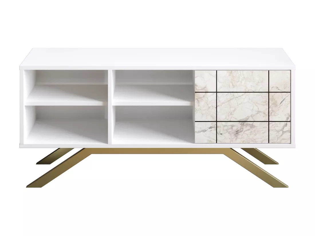 Meuble TV North 130 cm avec cabinet et étagès, pieds en métal (Blanc, Effet marbre blanc et Doré)