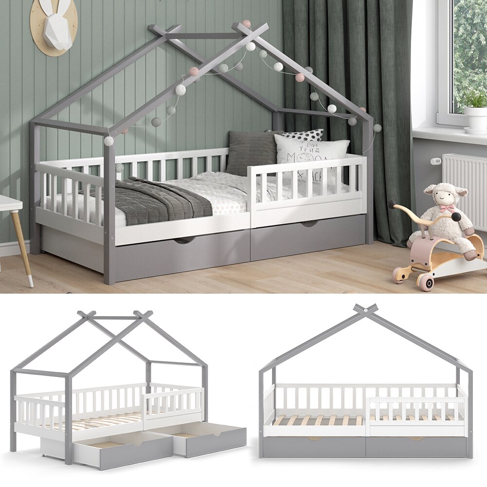 VitaliSpa Kinderbett Hausbett Einzelbett Design Weiß Grau modern 90x200 cm Kinderzimmer Bett Massivholz Lattenrost Schublade Rausfallschutz Schubladenbett