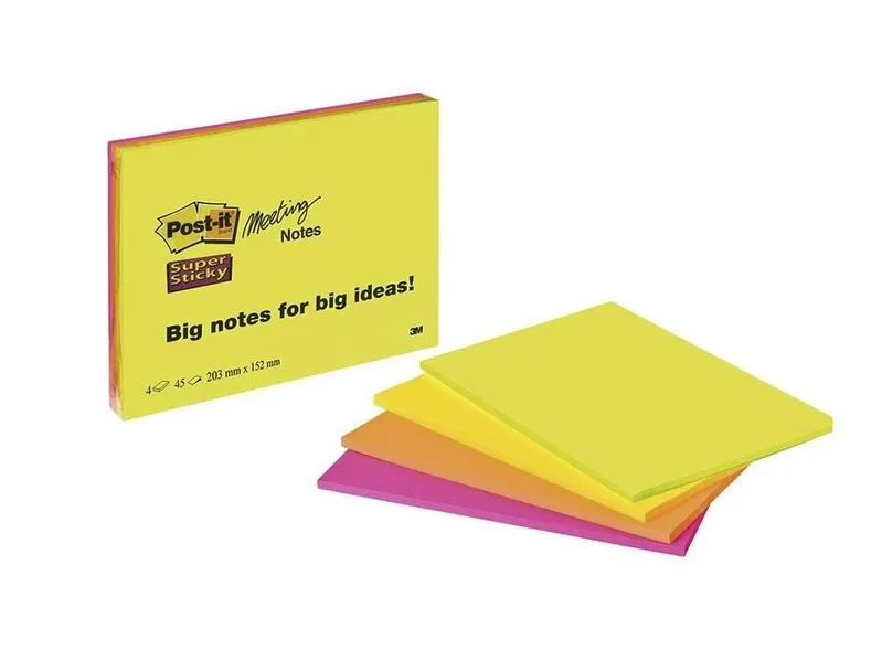 Post-it® Super Sticky Meeting notes 203x152 mm - med 4 stk. blokke i ass. neonfarver