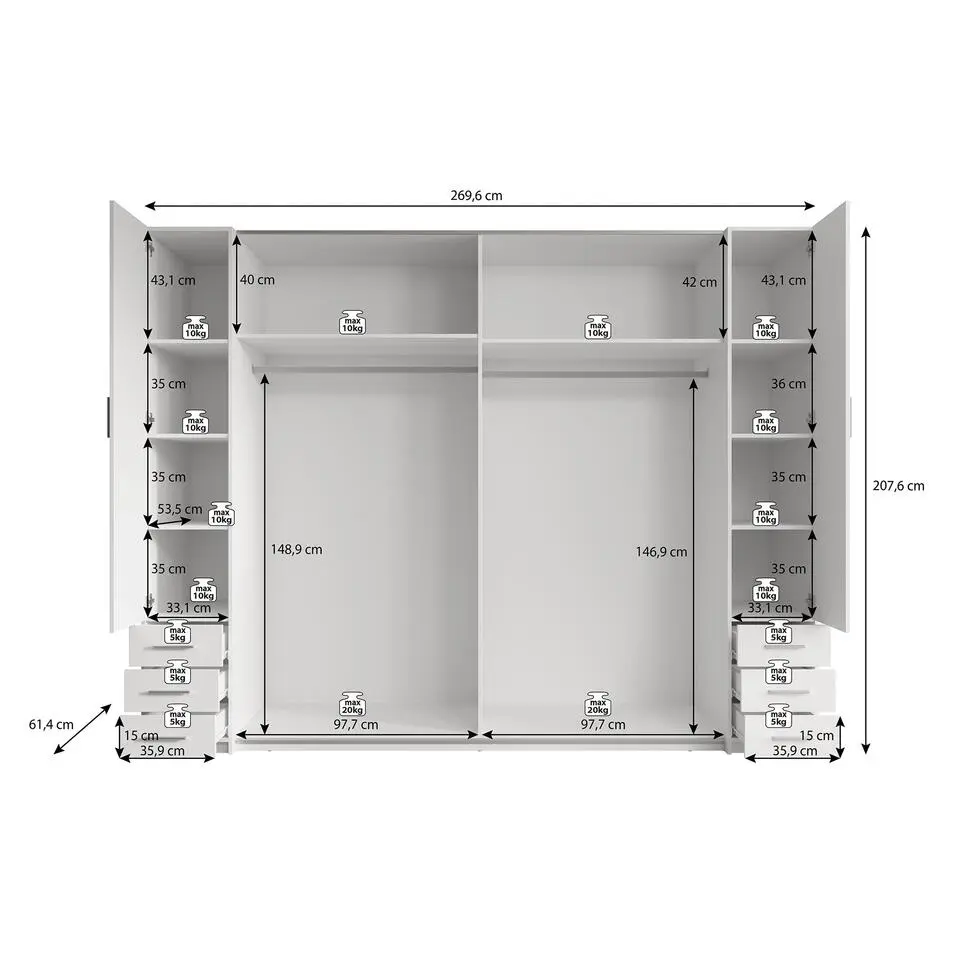 Meubella - Kledingkast Stoke 2 - Wit - 270 cm - Met spiegel