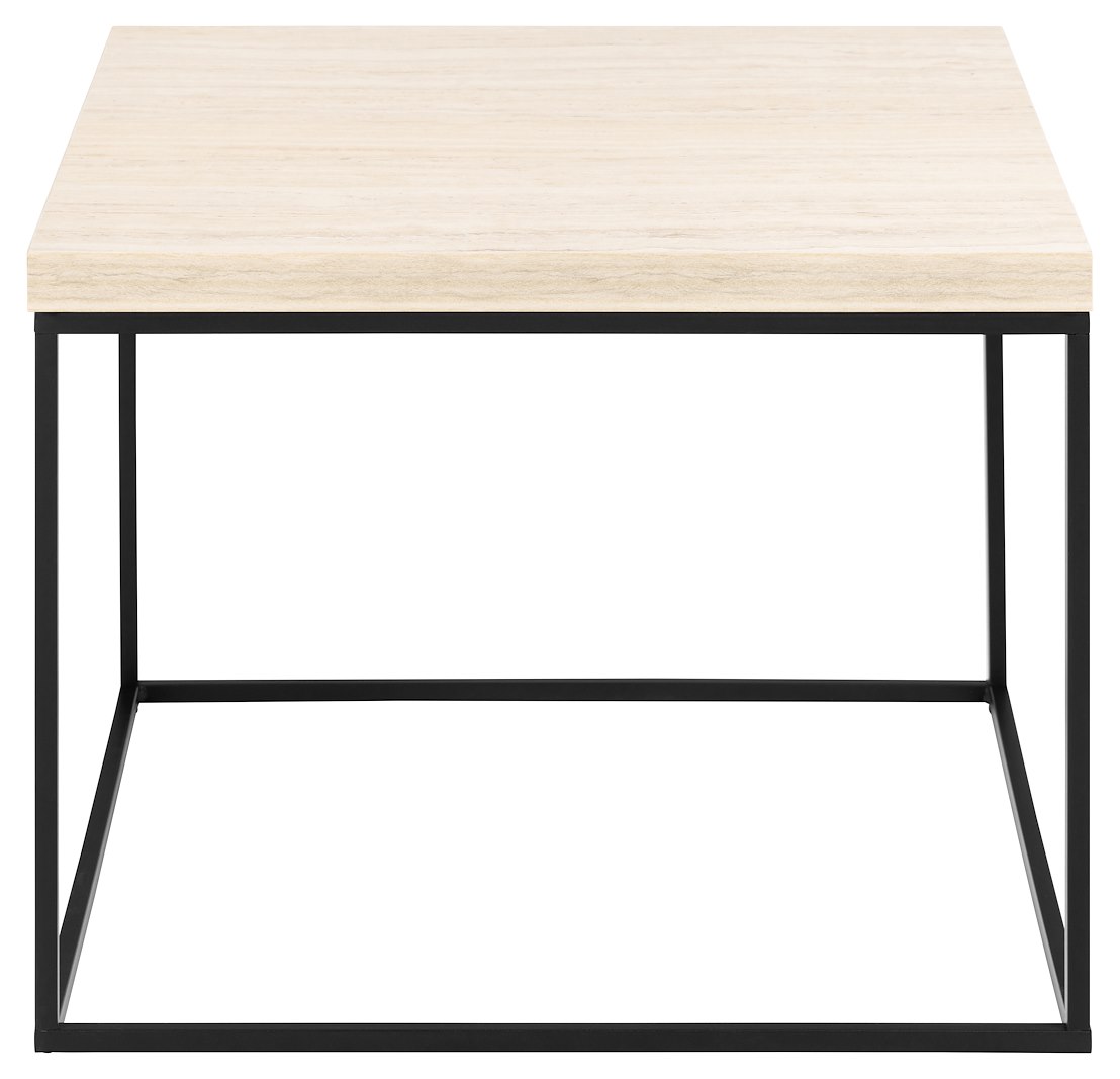 Barossa sofabord Travertine-topp med svart metallunderstell. 60x60x45cm