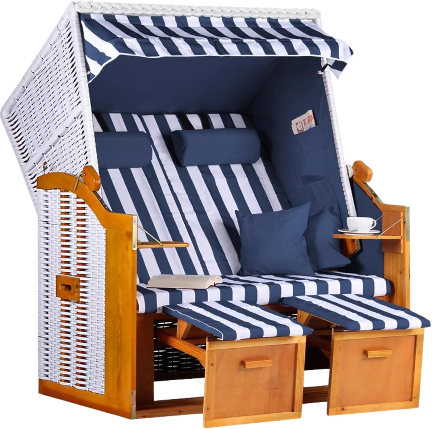 Strandkorb Ostsee Volllieger 2-Sitzer | PE Geflecht Weiß Bezug Uni blau | inkl. 4 Kissen & Klapptisch | Strandstuhl verstellbar | Strandkörbe aus Hartholz mit Fußablage (Dessin Blau Weiss)