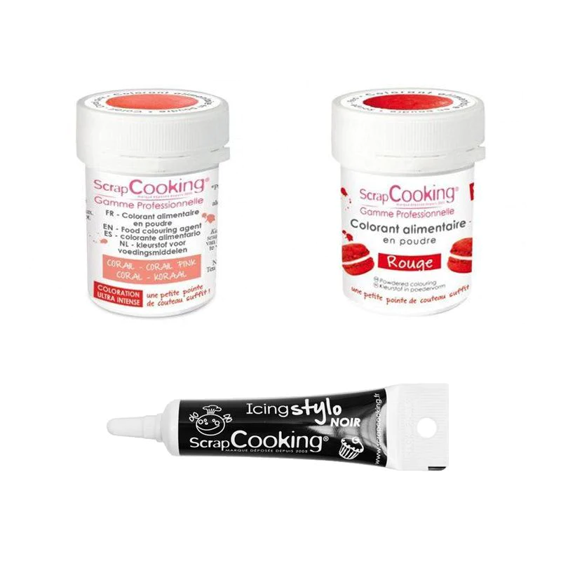 2 colorants alimentaires corail-rouge + Stylo glaçage noir Scrapcookin