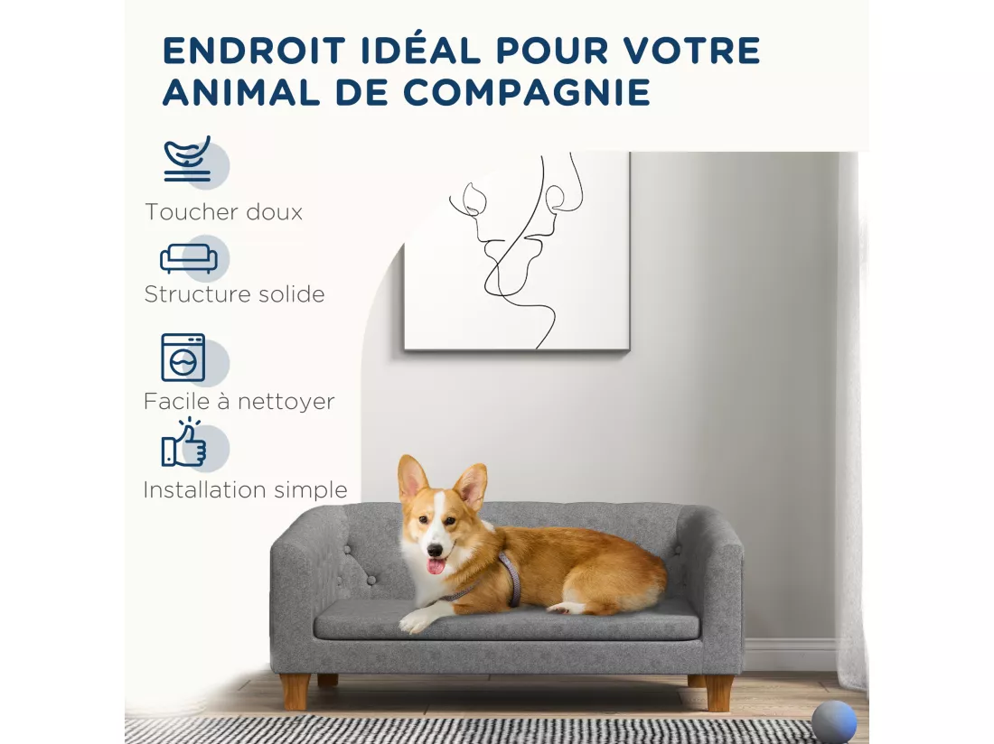 Canapé chien lit pour chien style Chesterfield dossier capitonné coussin moelleux pieds bois polyester gris
