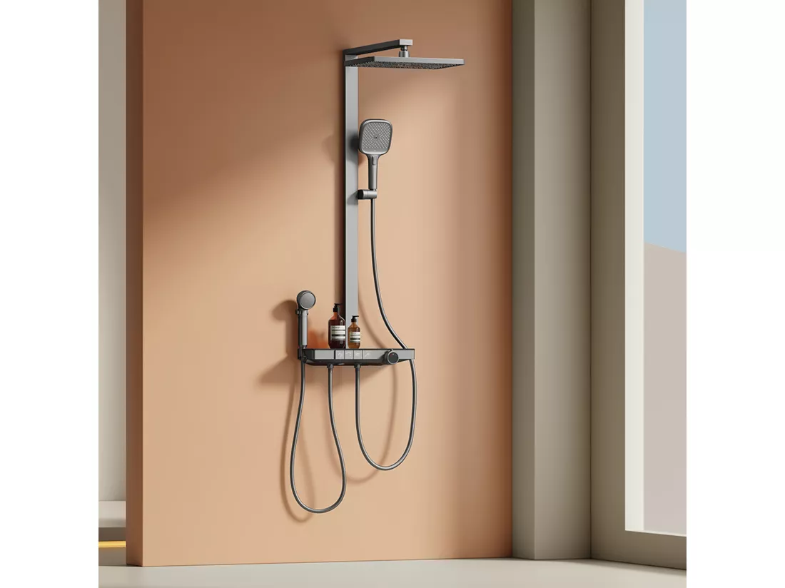 EMKE Colonne de douche avec thermostat 38℃ Douche pluie 40 cm étagère en verre avec 3+1 douchette parent-enfant+porte-douche - anthracite matt