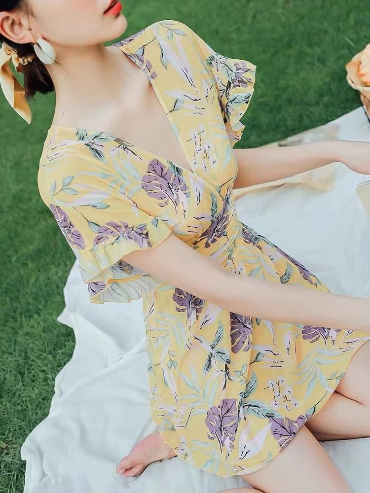 Girls Supply - Zwemjurk met pofmouwen en bloemenprint