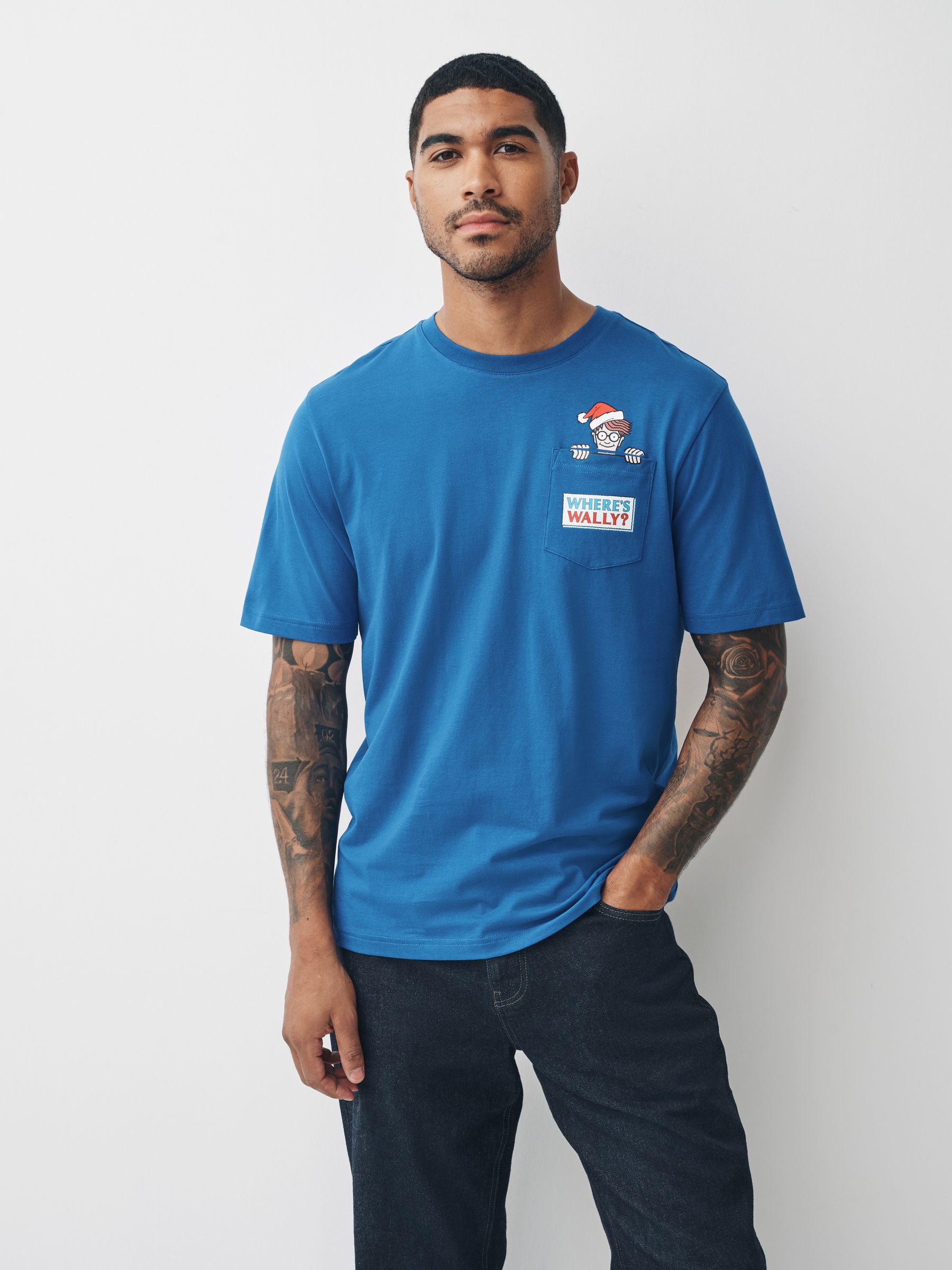 Blauwe Waar is Wally - Normale Pasvorm - Kerstmis T-shirt met grafische print