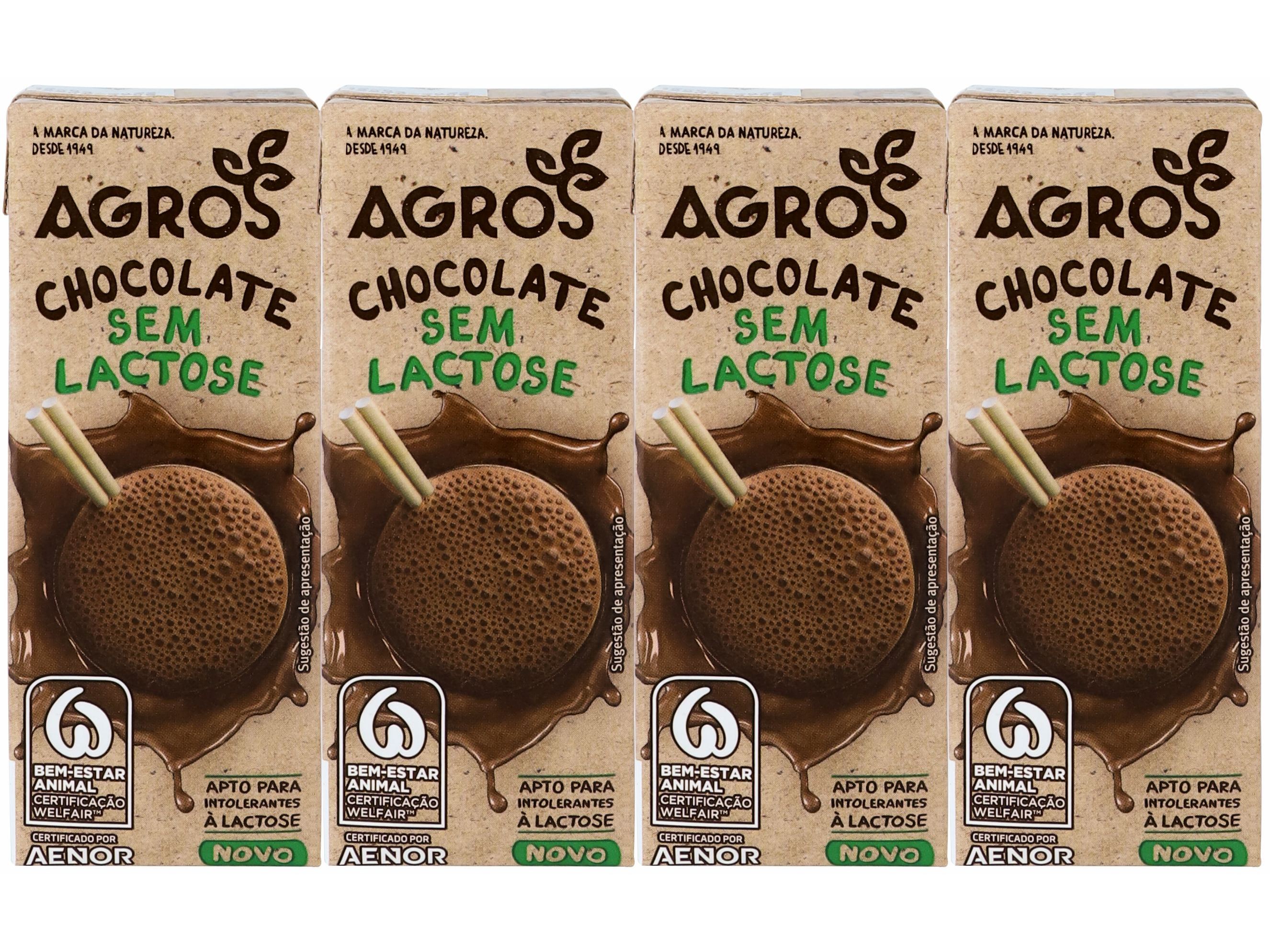 LEITE SEM LACTOSE AGROS CHOCOLATE 4X200ML