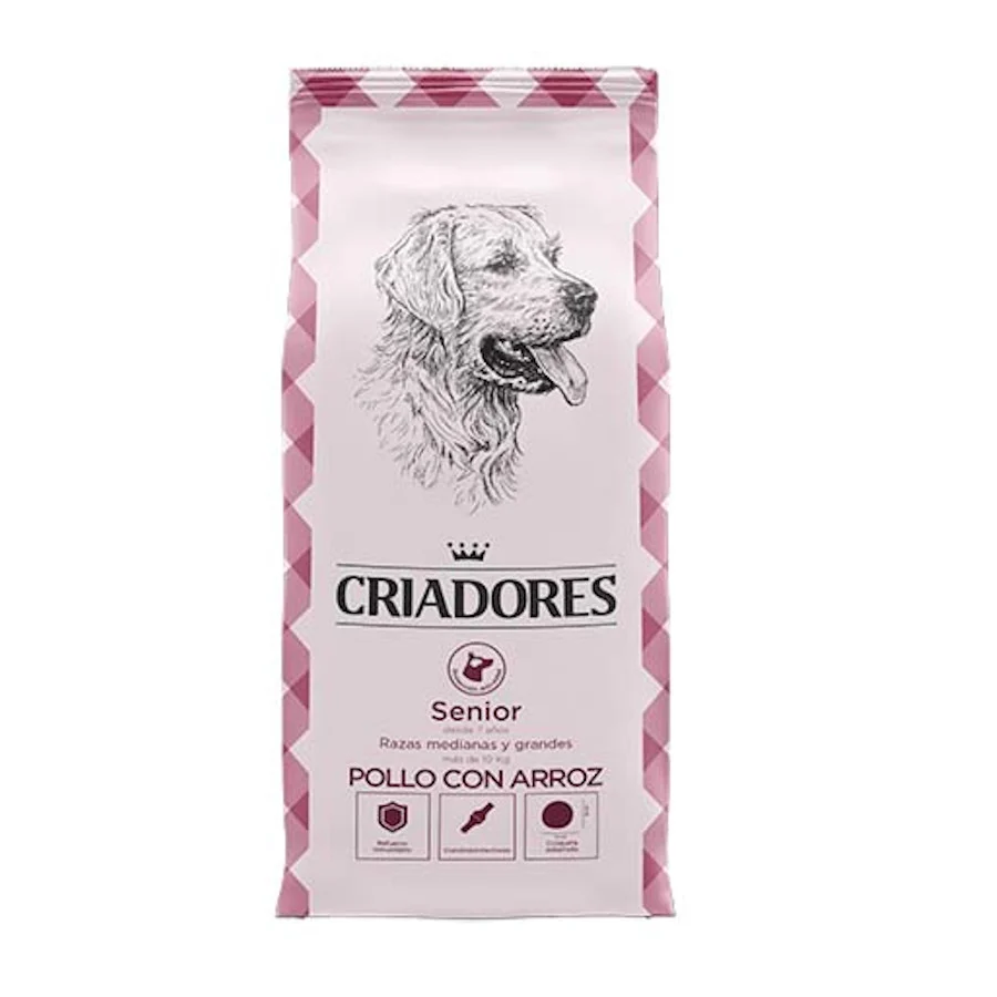 Ração Breeders Senior com Frango e Arroz para cães de porte médio e grande.