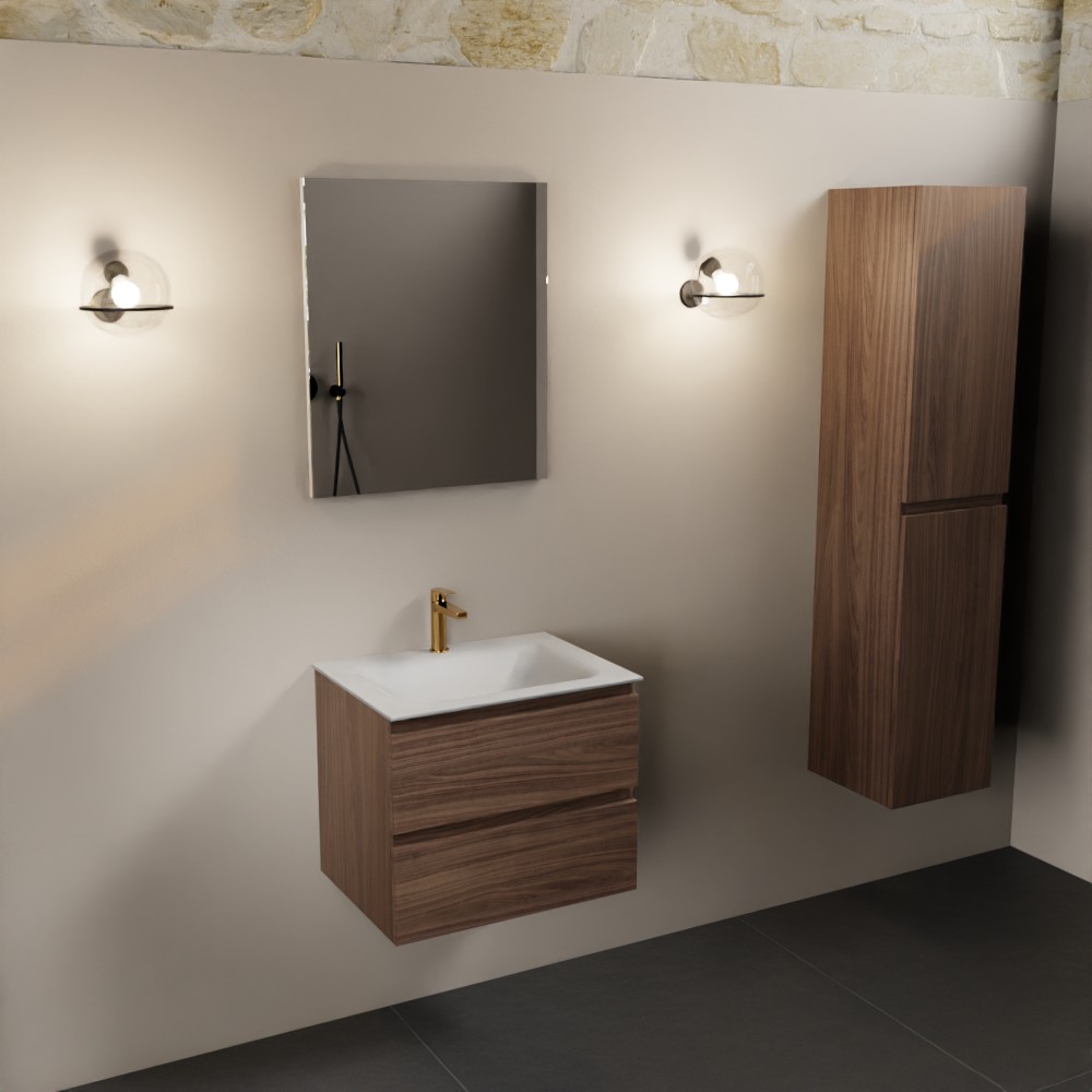 Mondiaz Aivy badmeubel 60cm mocha met wastafel solid surface talc midden 1 kraangat en spiegel