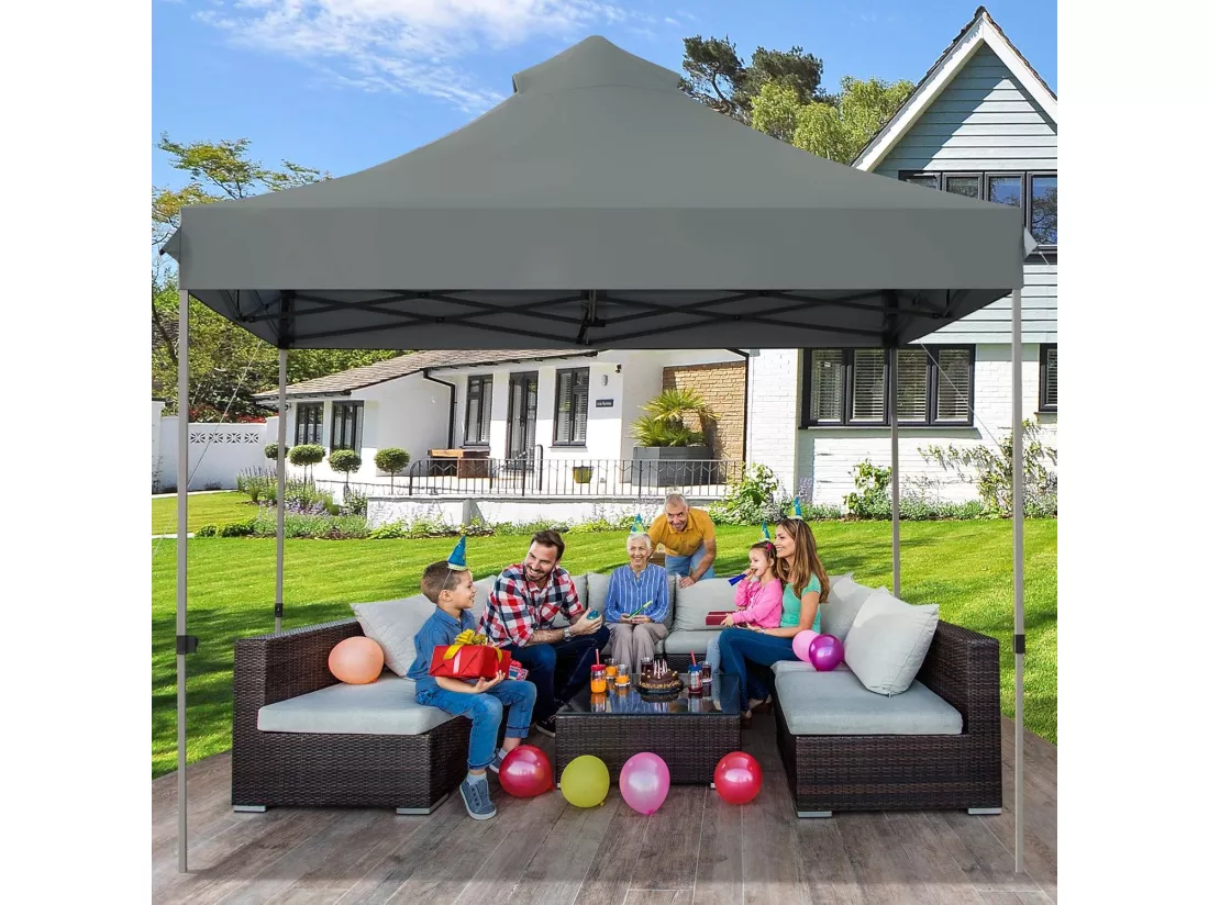 Tonnelle de Jardin Escamotable Pliable 3x3M, Tente de Fête Imperméable Protection Solaire 3 Hauteurs 305/320/335 cm avec Sac de Rangement à roulettes, pour Marché Patio(Gris)