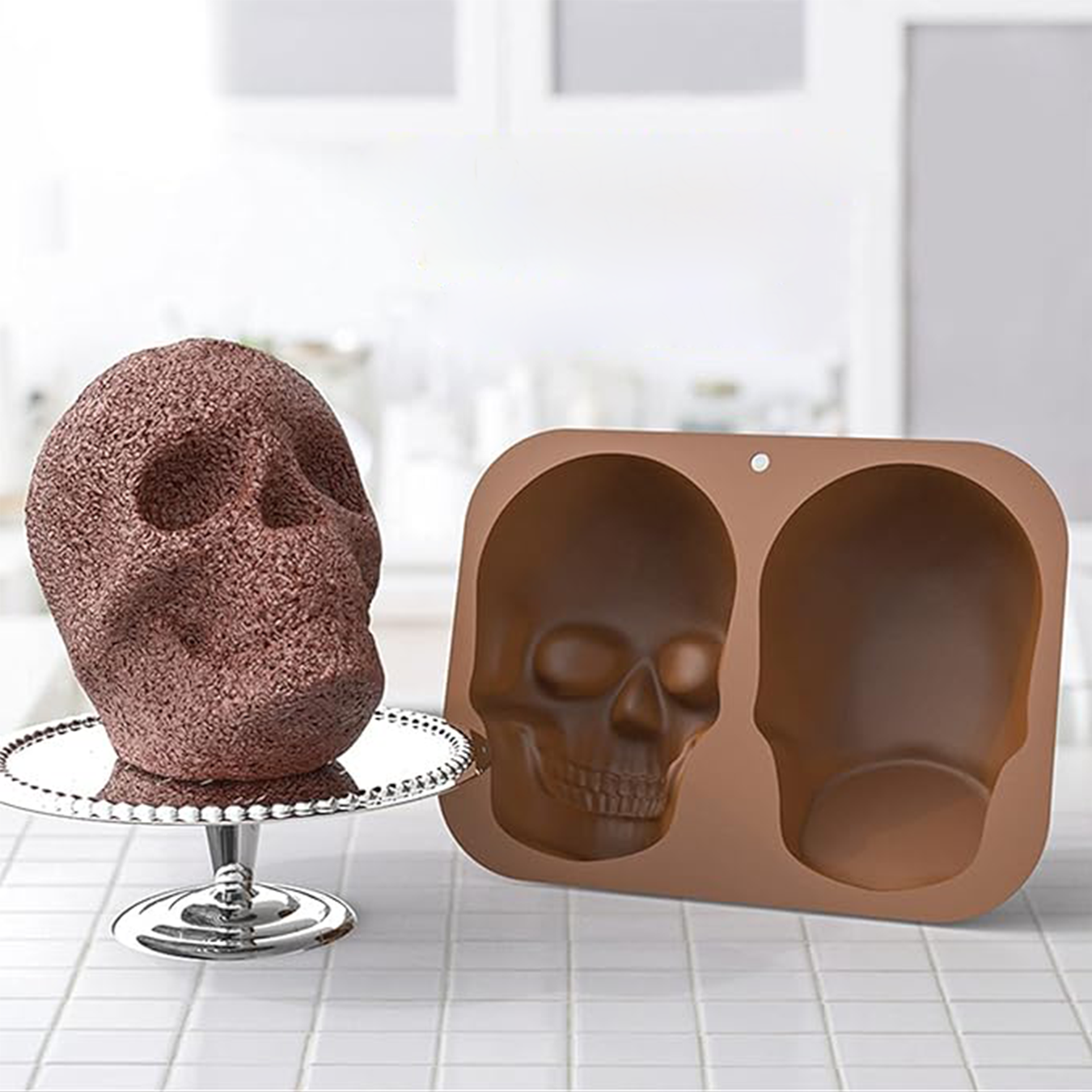 (2-fach) Silikon Backform 3D Grusel Kuchenform Süssigkeiten Giessform für Fondant / Schokolade - Totenkopf Schädel