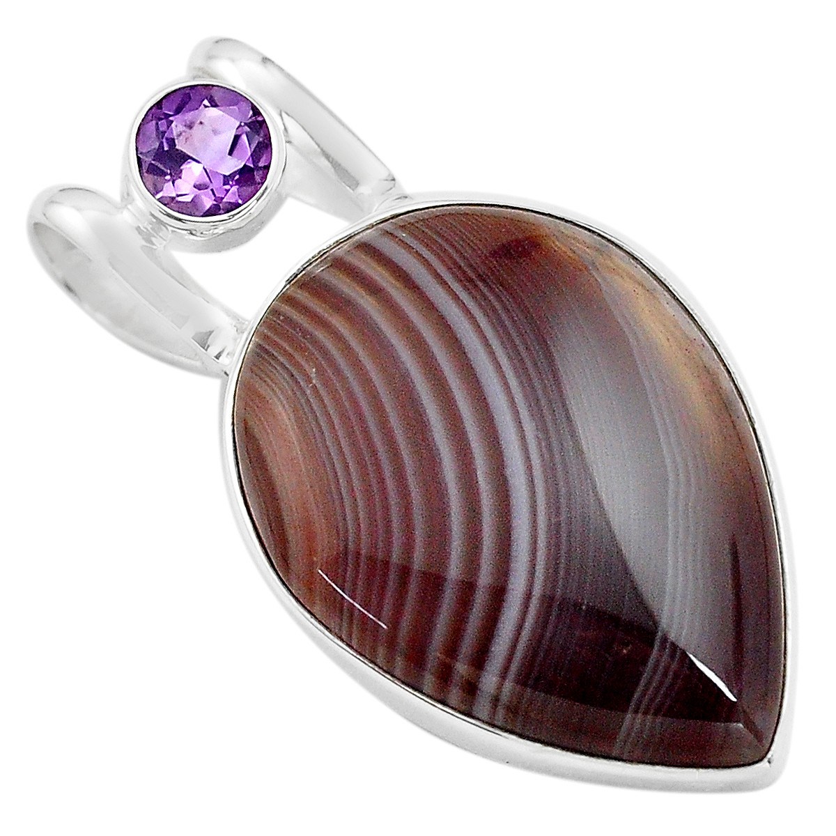 Pendentif en agate du Botswana marron goutte, améthyste et argent + chaine 3,7cm gxi211