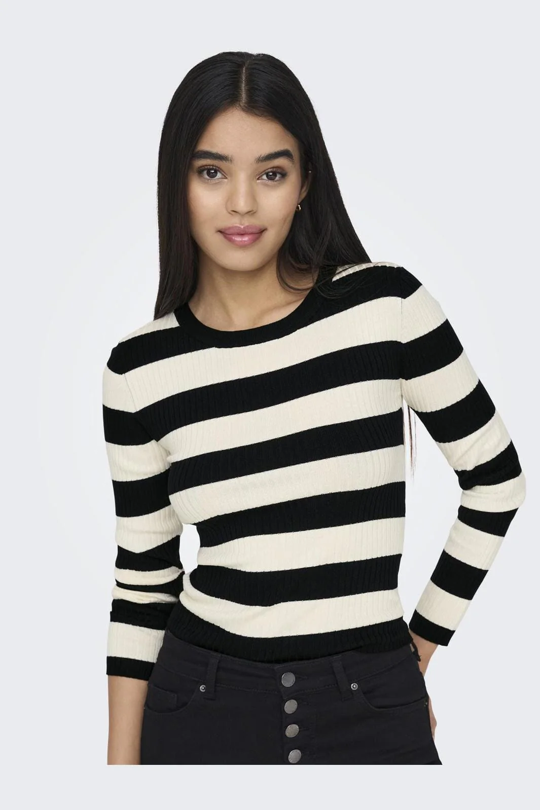 JDY JDYplum L/S O-Neck Pullover Knt 4149549 black w eggnog stripes