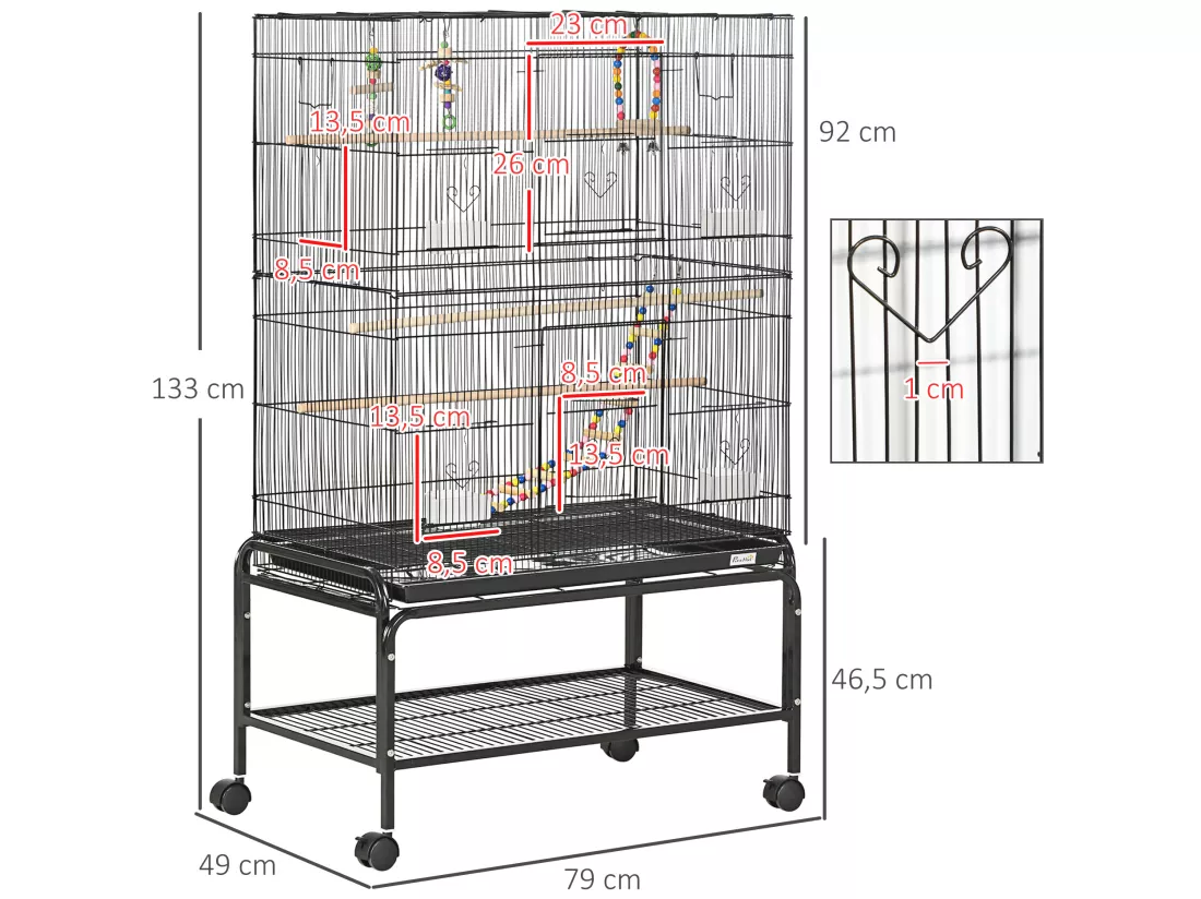 Cage à oiseaux sur roulettes - étagère, plateau déjection, 3 perchoirs, 4 mangeoirs, 2 portes, 8 trappes, accessoires - acier noir