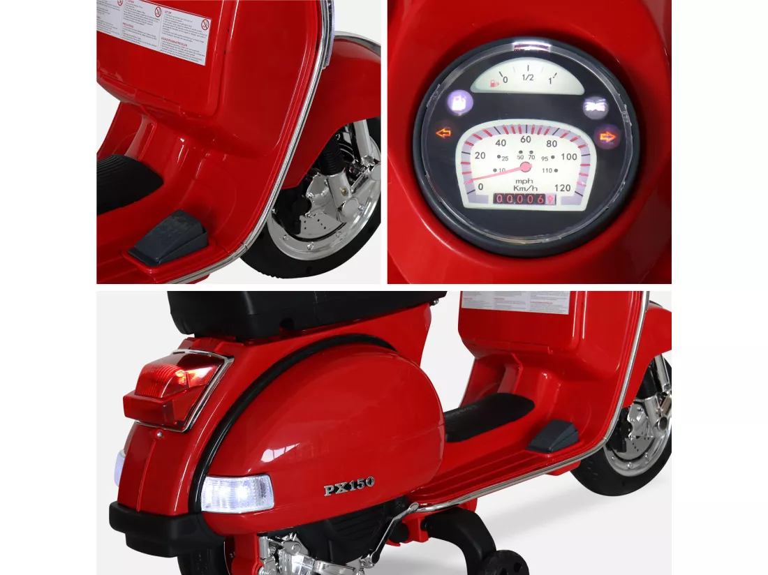 Vespa rouge PX150. scooter électrique pour enfants 12V 4.5Ah. 1 place avec autoradio