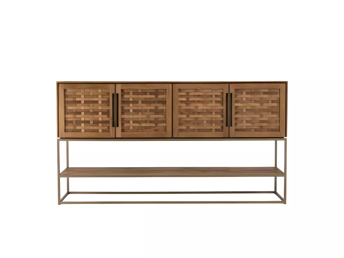ALIDA - Buffet en bois de teck recyclé 4 portes en tissage de bambou