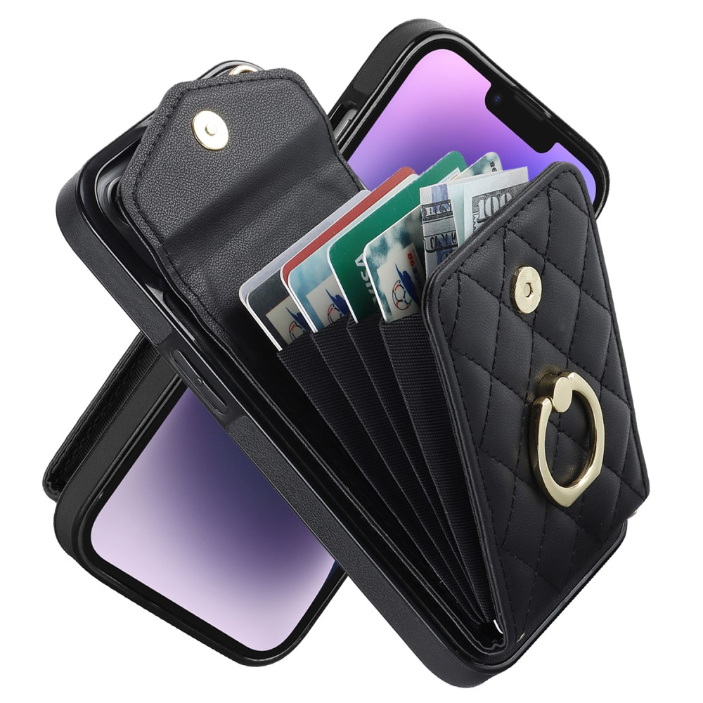 iPhone 15 Necklace Leder Hülle mit Kartenfächer   Finger Griff Halterung   Handykette (RFID Schutz) - Schwarz
