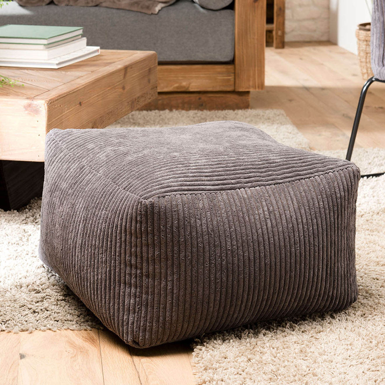 Macabane Pouf carré tissu velours cotelé agathe gris anthracite - 57x57x34 cm