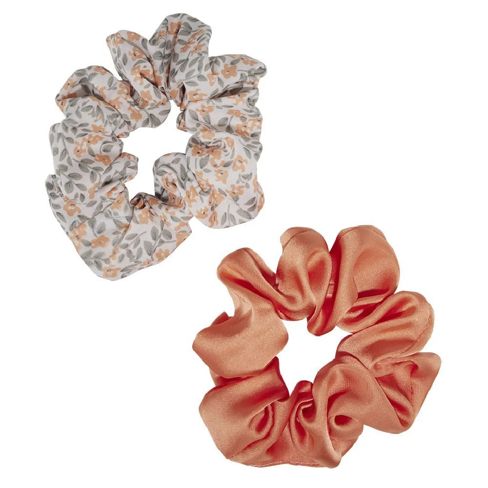 Chouchou motif fleur et uni orange Ø10cm x2