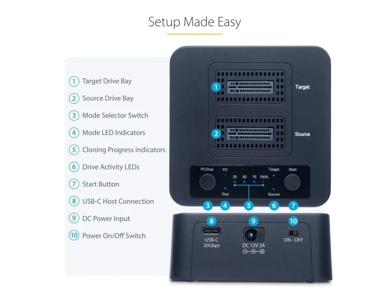 StarTech.com 1:1 Standalone M.2 NVMe Drive Duplicator and Dock - Solid state/harddisk-duplikator - 2 bays (PCIe (NVMe)) - TAA-kompatibel