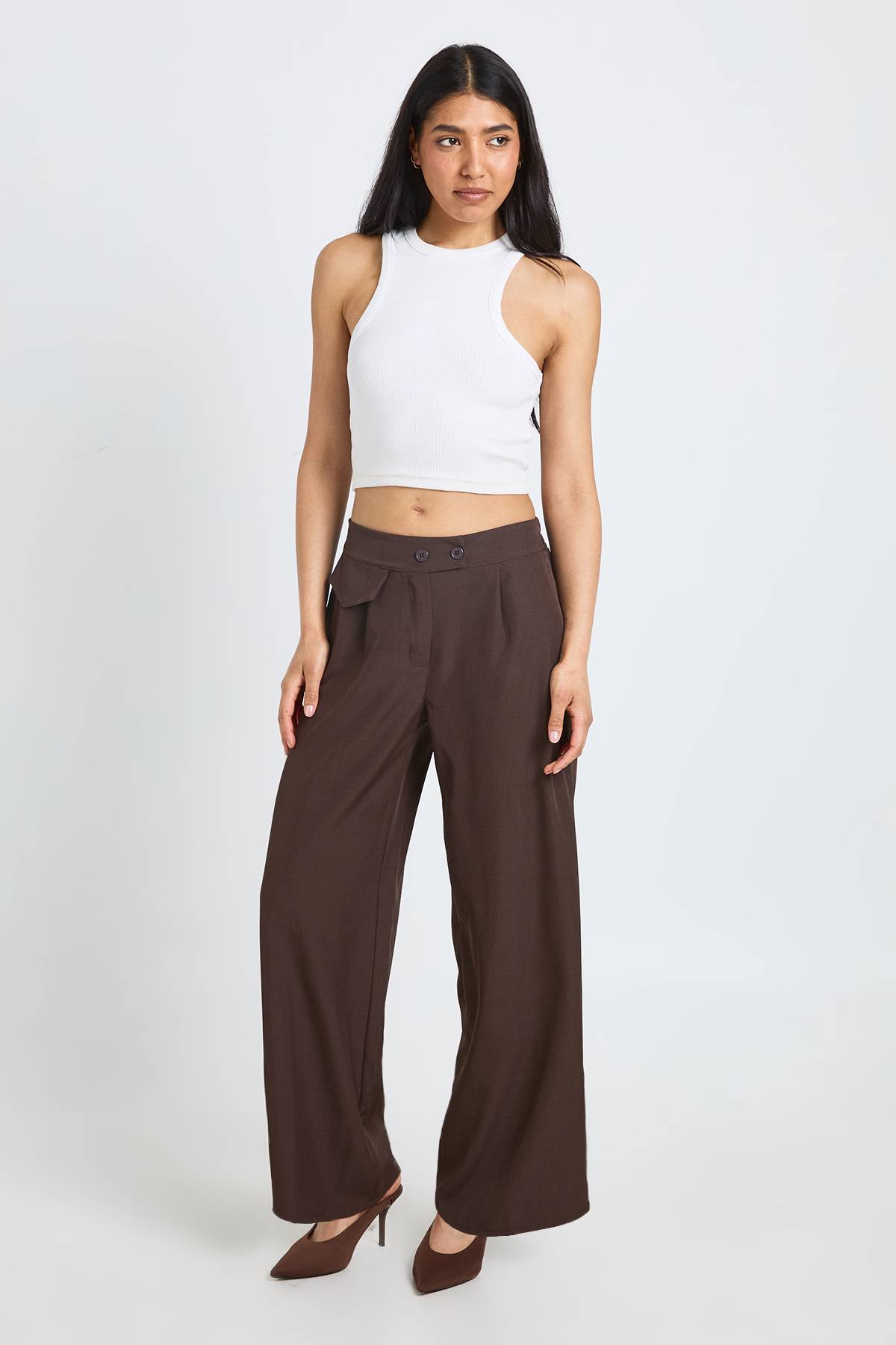 boohoo Pantalon Large Taille Haute Avec Détail De Poches Tissées