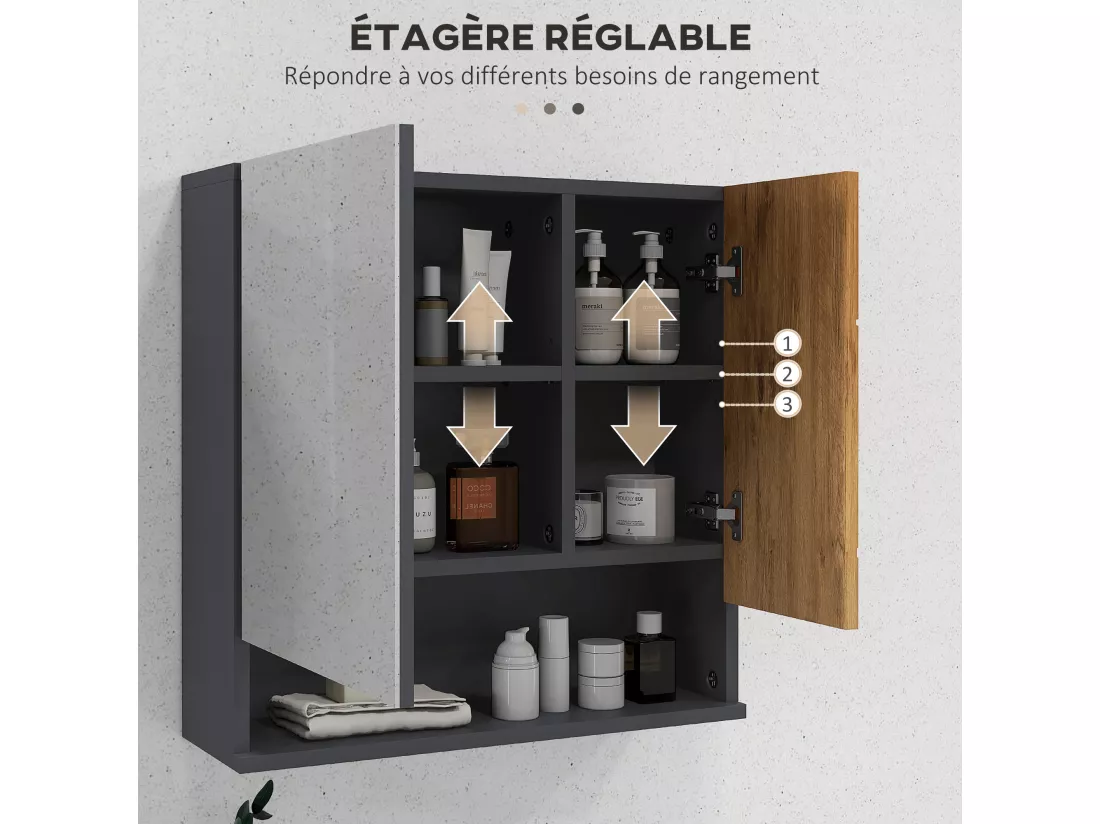 Armoire miroir de salle de bain - 2 portes, 2 étagères, niche - anthracite aspect bois