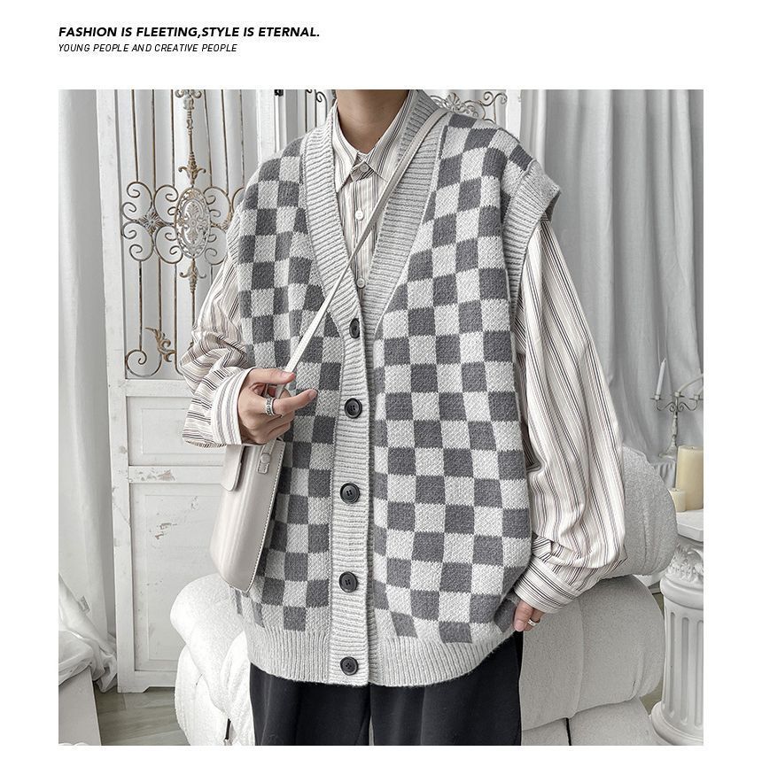 POSI - Checkerboard Single-Breasted Sweater Vest