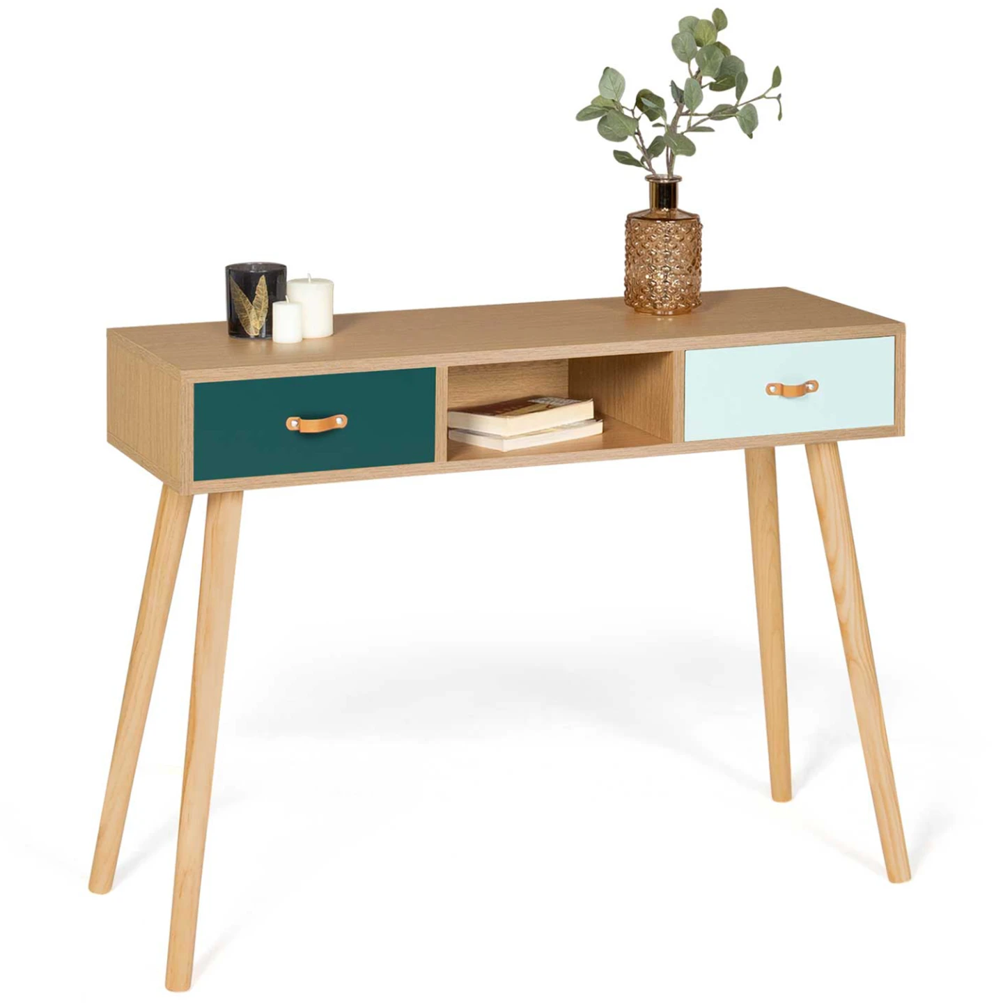 Console scandinave 2 tiroirs ALIZE bois et vert