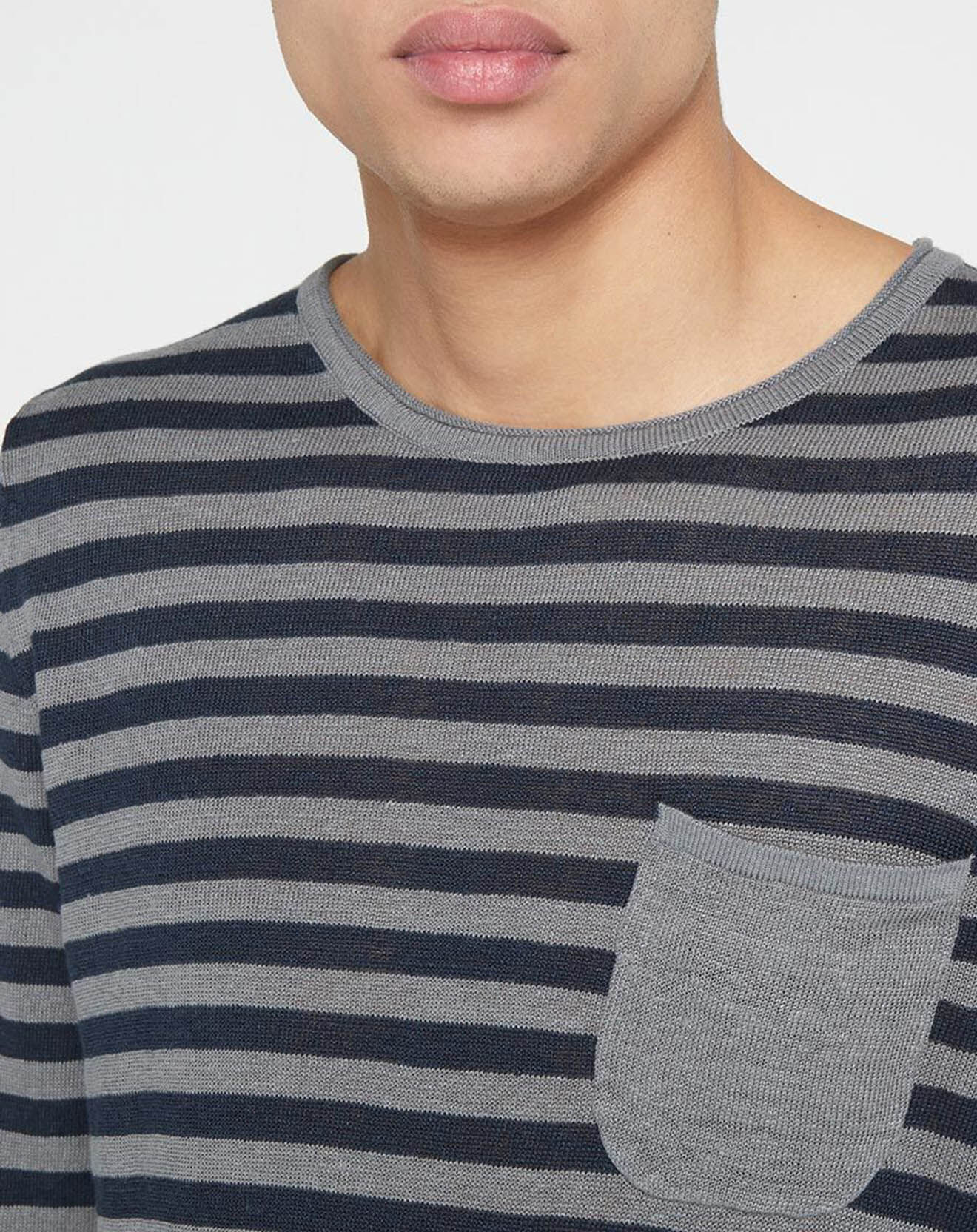 Replay Pull 100% Lin pocket à rayures bleu/gris