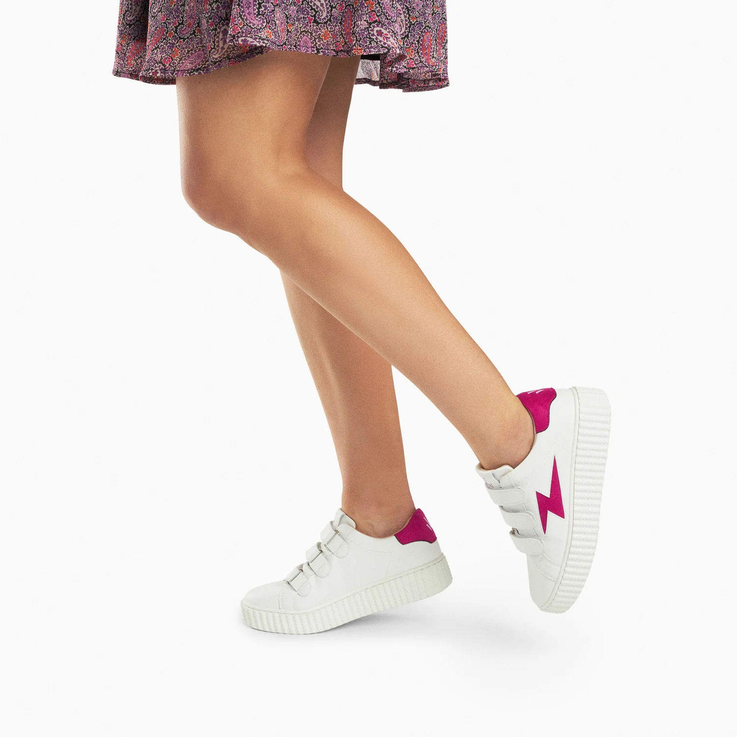 Sneakers-Baskets éclair Vicky blanc et fuchsia à scratchs