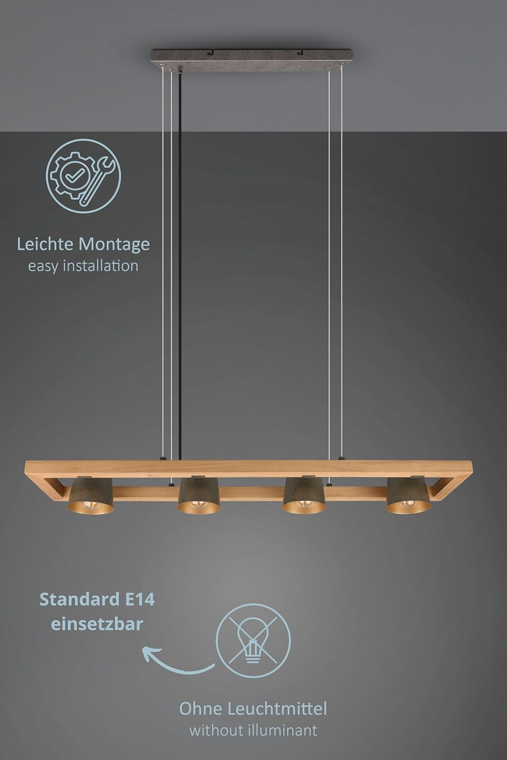 Pendelleuchte Ben, Hängelampe mit Schirm in Nickel Antik, Innenseite Gold, Hängeleuchte Esstisch mit Korpus aus Holz und Metall, exkl. 4 x E14 (max. 25W). Höhe: 150cm, Breite: 100cm