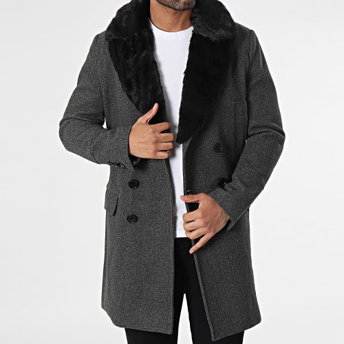 Manteau Col Fourrure Gris Chiné