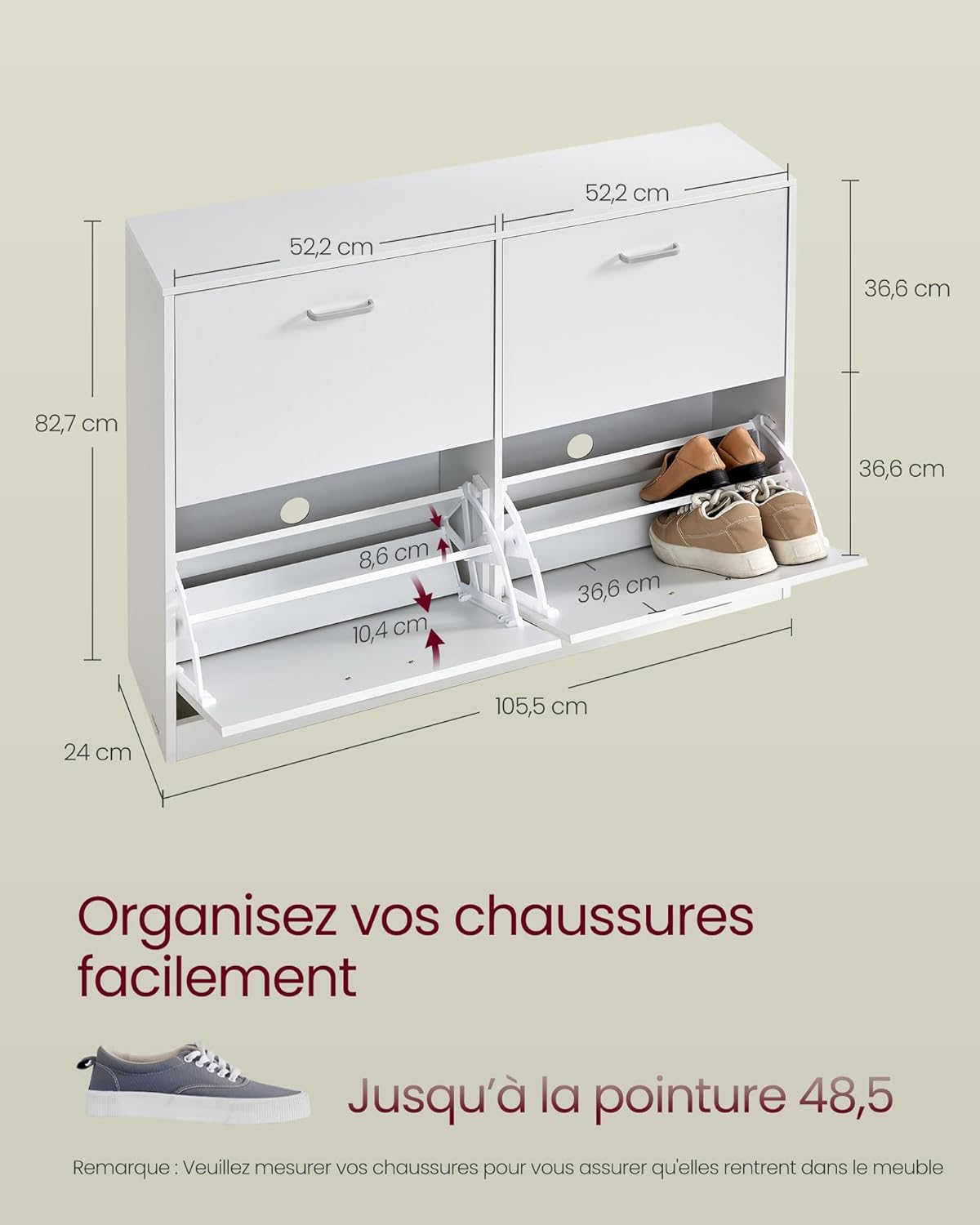VASAGLE Meuble à Chaussures 4 Portes Battantes, Étagère à Chaussures, Séparateur Réglable, pour 16 à 28 Paires de Chaussures, pour Entrée, 24 x 105,5 x 82,7 cm, Blanc Neige LBC035W01 LY4589093