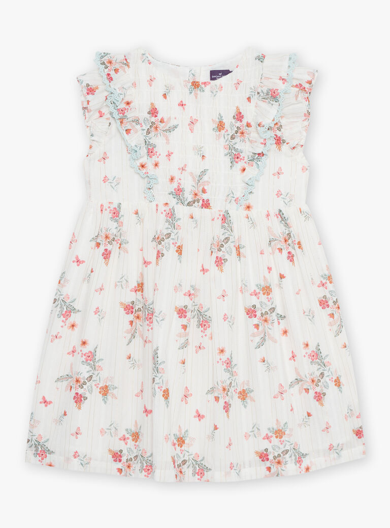 Robe écrue à volants et fleurs