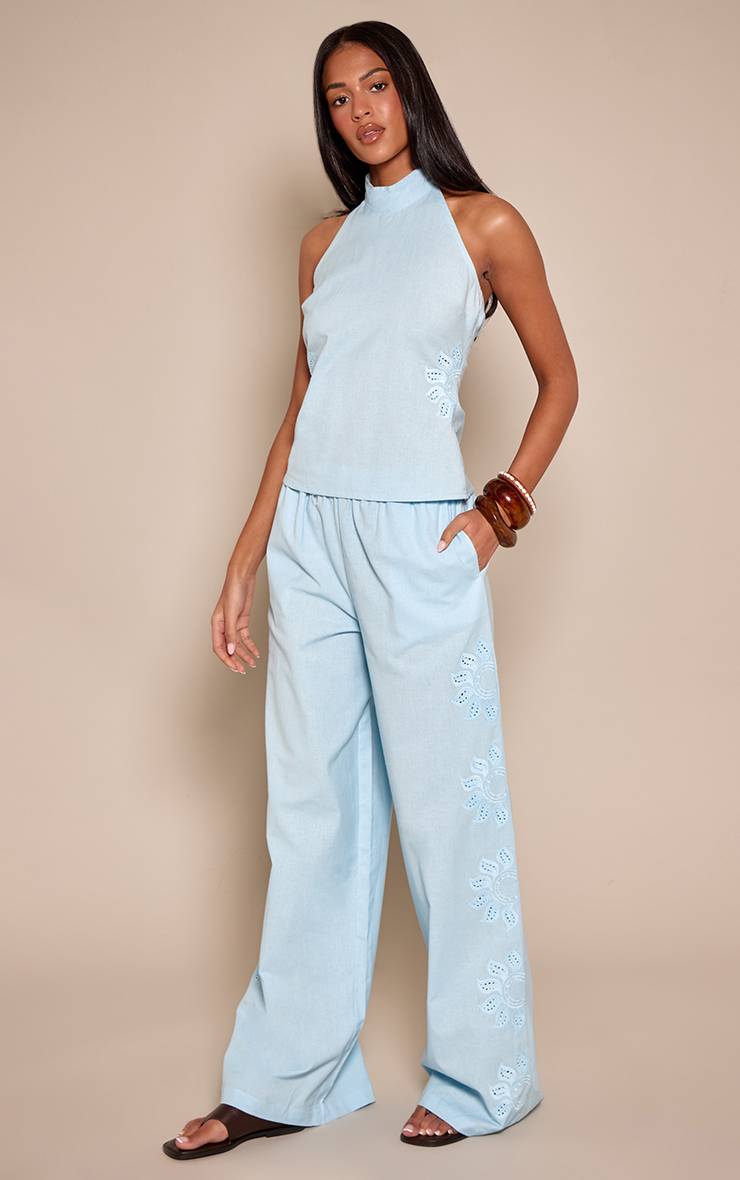 Bleu Pantalon Coordonné Tall En Coton Avec Détail Brodé Soleil