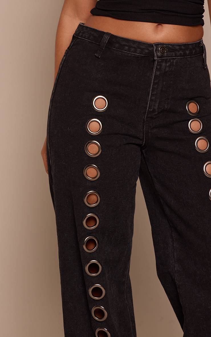 Noir Jean Denim Large À Œillets Sur Le Devant Petite