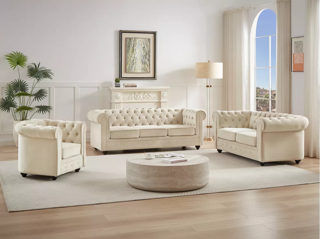 Canapé 3 places, 2 places et fauteuil en velours beige CHESTERFIELD