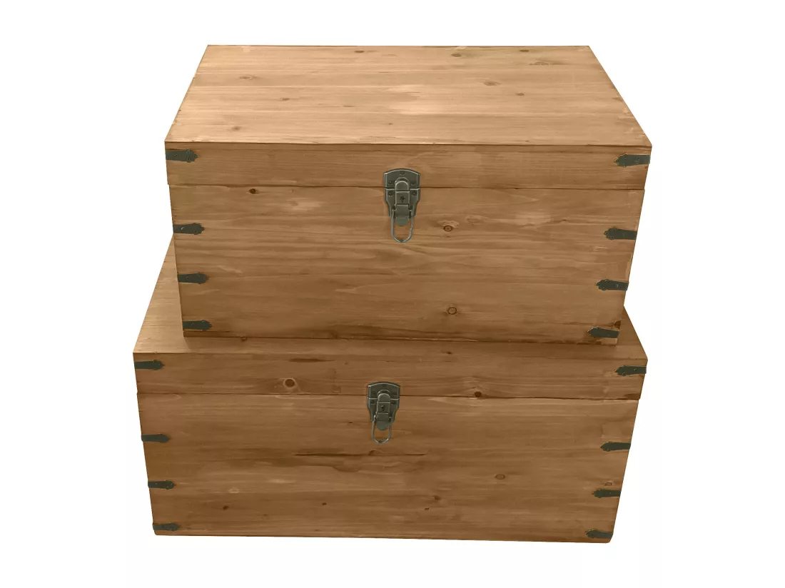 Lot de 2 malles en bois de sapin et MDF - L. 70 x P. 46 x H. 35 cm et L. 60 x P. 38 x H. 30 cm - Naturel - MALOUEN