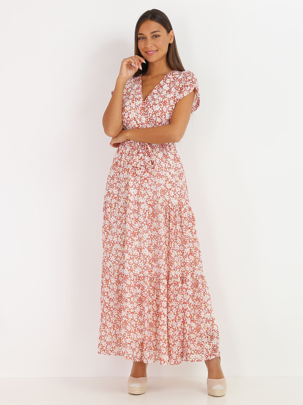 Robe longue à fleurs et détails- Vieux rose