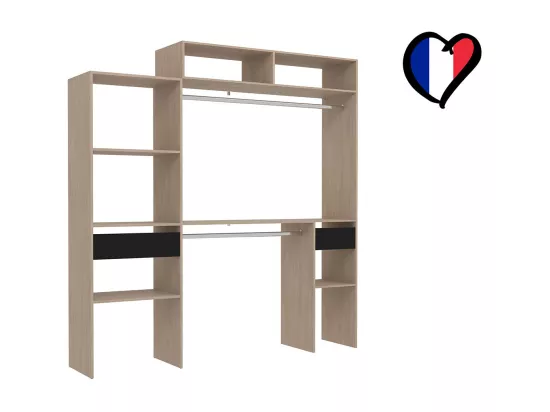 Dressing bois extensible avec 2 penderies, 4 étagères, un tiroir ELYSEE