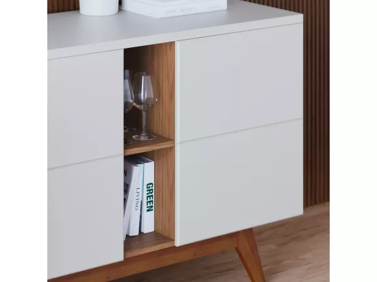 Buffet Bas 3 Portes 7 Niches Blanc et Chêne 5 Pieds Bois L 160 H 80.2 P 44.5 cm
