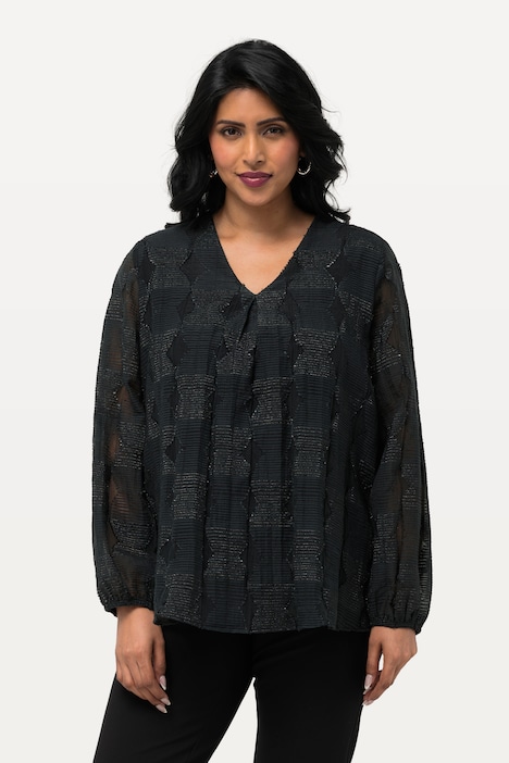Bluse, doppellagig, V-Ausschnitt, transparenter Langarm