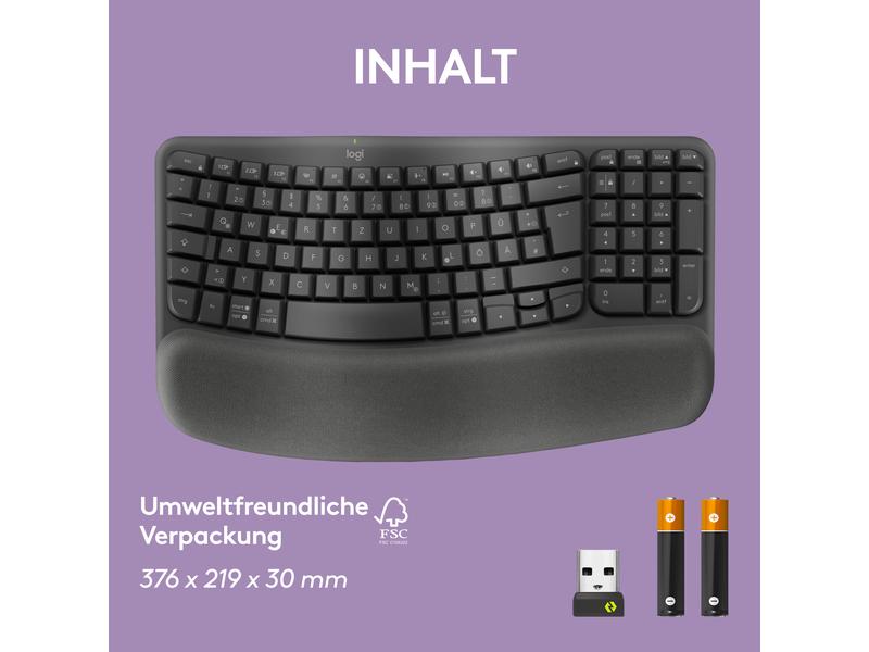 Logitech Tastatur Wave Keys Kabellose ergonomische Tastatur mit gepolsterter Handballenauflage