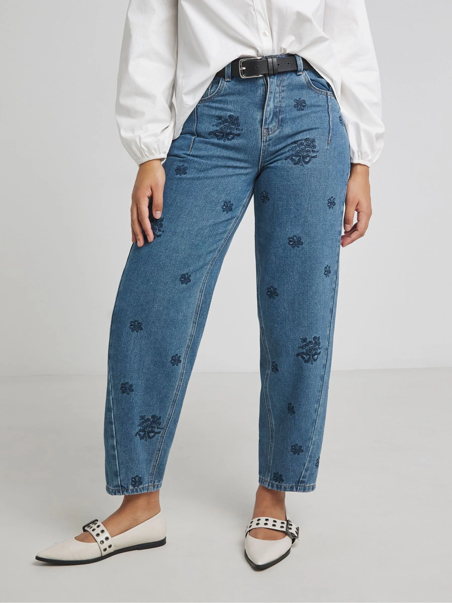 Simply Be Embroidered Barrel Leg 100% Cotton Jeans