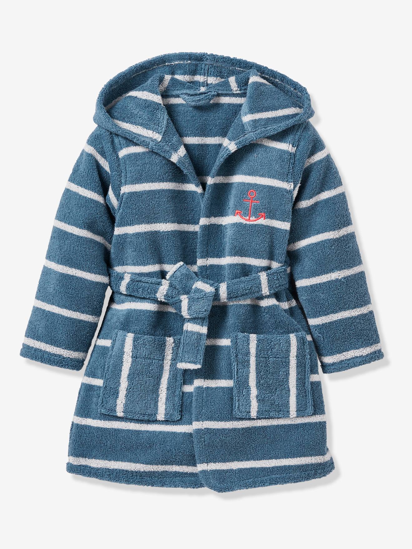 Roupão listrado com capuz, infantil e personalizável, tamanho médio, listrado em azul.
