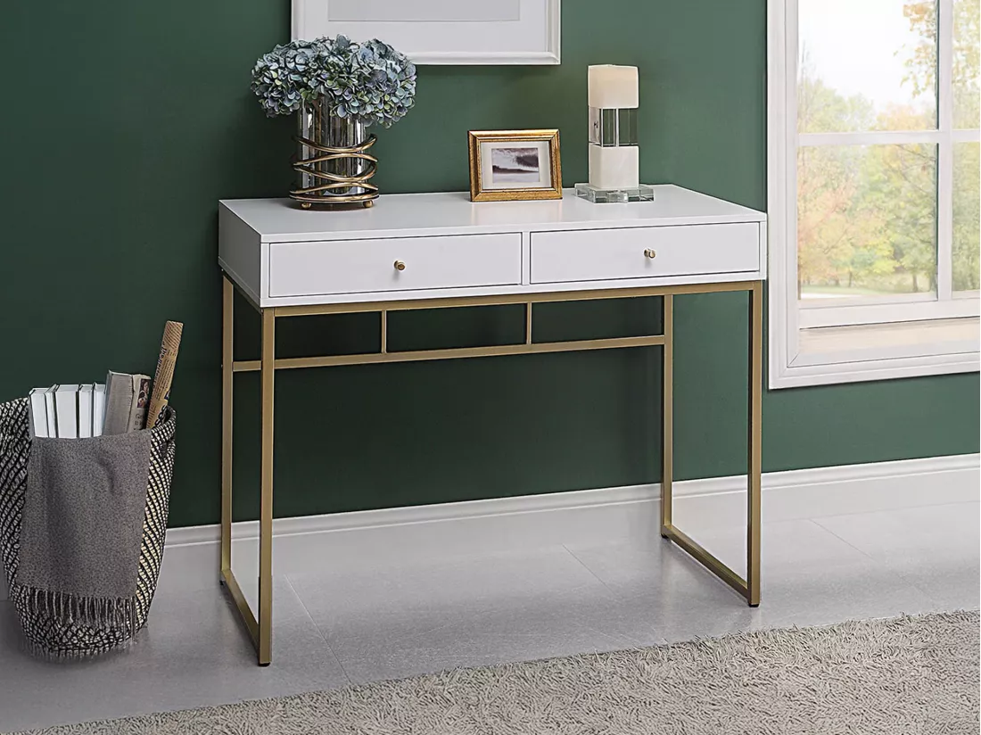 Console avec 2 tiroirs en MDF - Blanc et doré - CODENIA