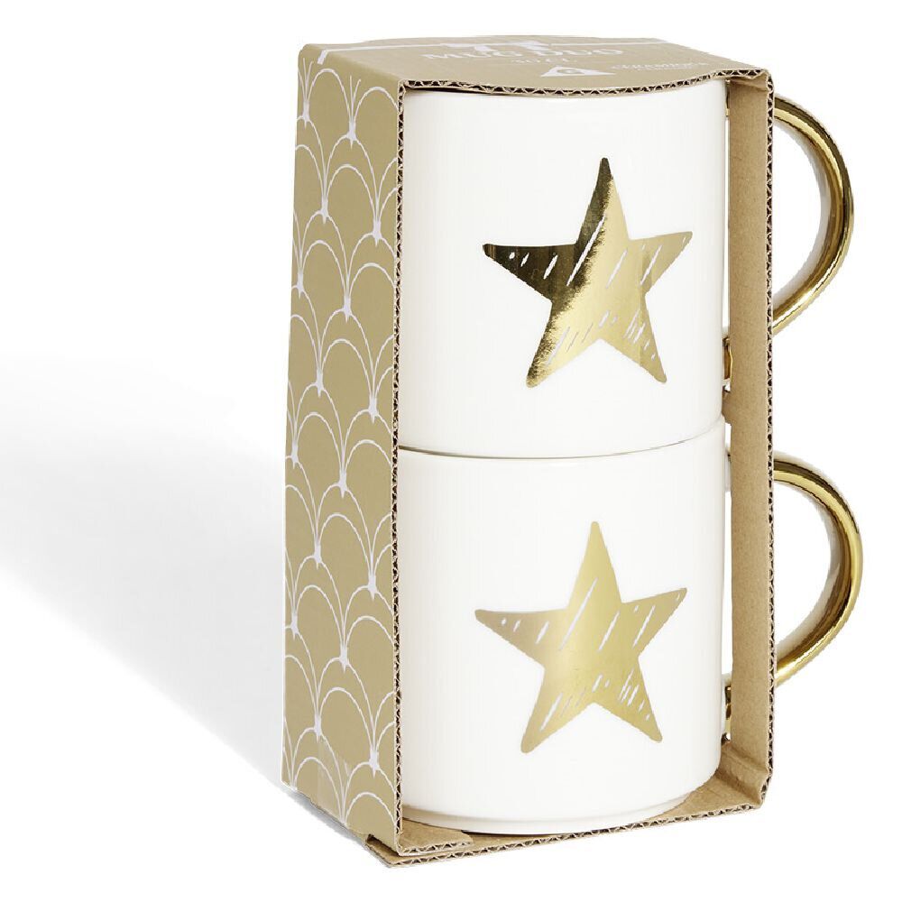 Coffret mug duo empilable étoile céramique blanc et doré 30cl