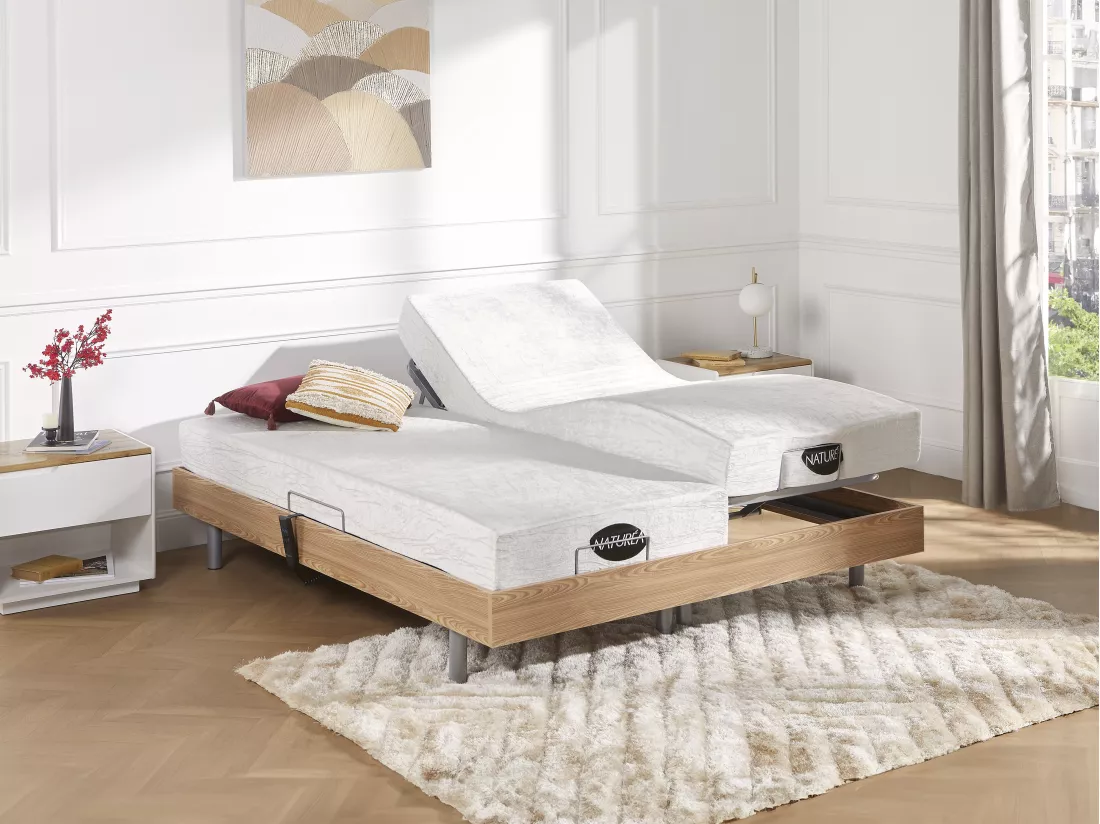 Lit électrique de relaxation tout plots + matelas mémoire de forme et bambou - 2 x 80 x 200 cm - Chêne - LYSIS III de NATUREA