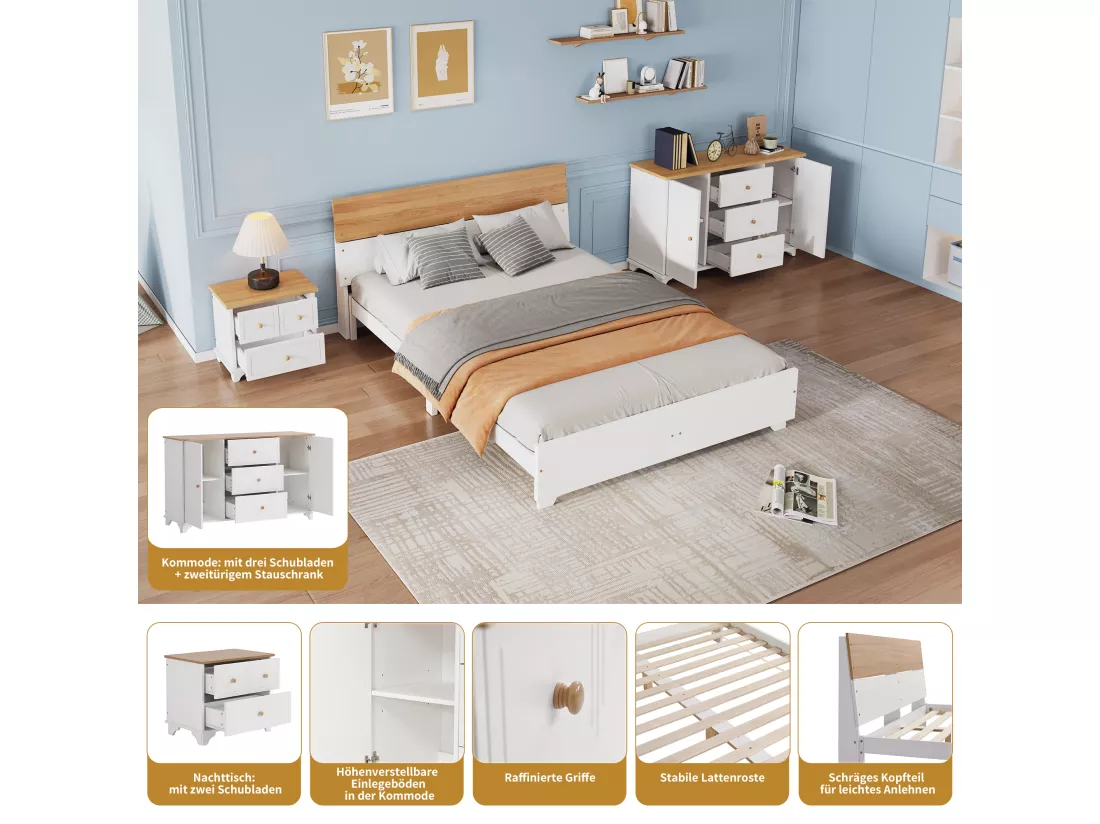Ensemble chambre complet - lit adulte 160 x 200 cm avec table de chevet + commode - Pin+MDF - blanc + naturel